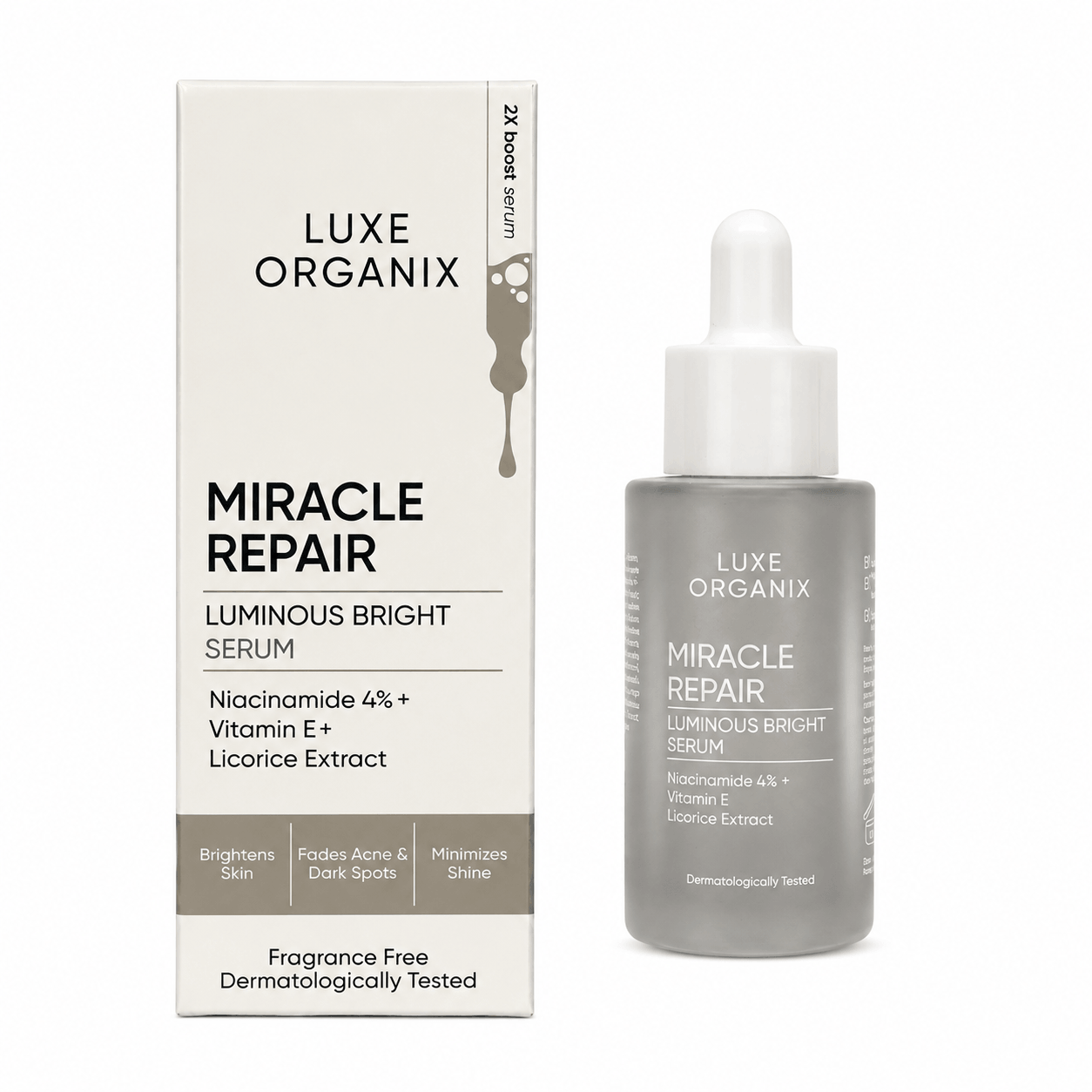 Luxe Organix Miracle Repair Luminous Bright Serum with Niacinamide 4 Percent Vitamin E and Licorice Extract for Daily Glow Care