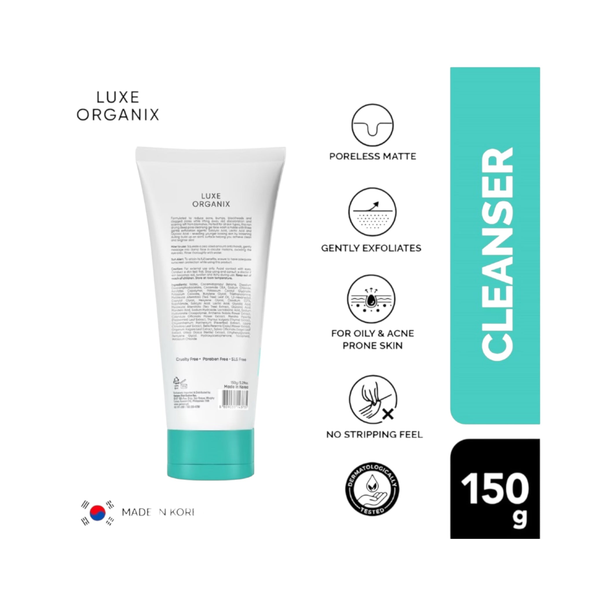 LUXE ORGANIX Miracle Solutions AHA/BHA Gel Cleanser with Niacinamide and Tea Tree for refreshed, smooth skin.