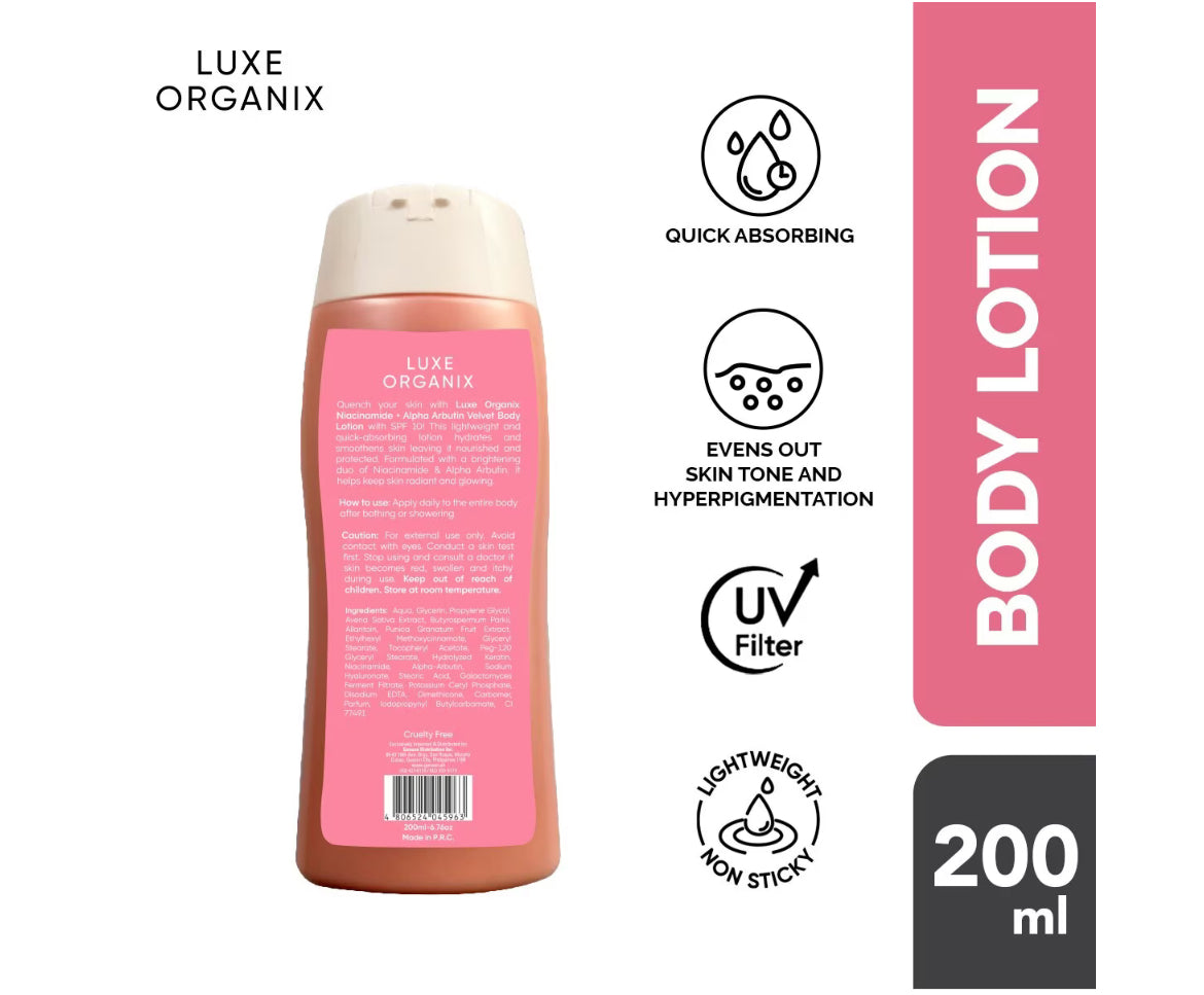 Luxe Organix Niacinamide + Alpha Arbutin Body Lotion includes SPF 10 for sun protection

