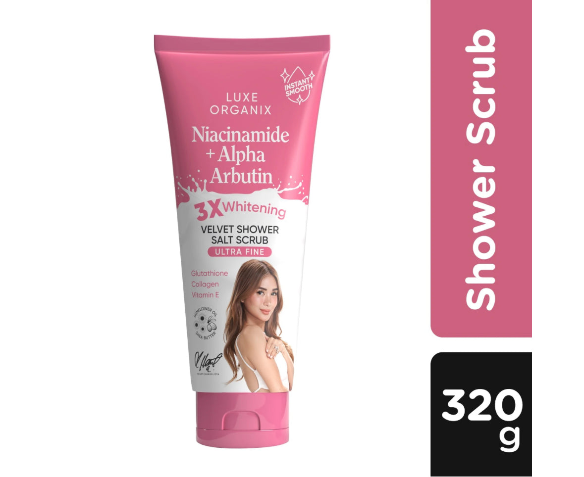 LUXE ORGANIX Niacinamide Alpha Arbutin Shower Salt Scrub 320g for smooth skin