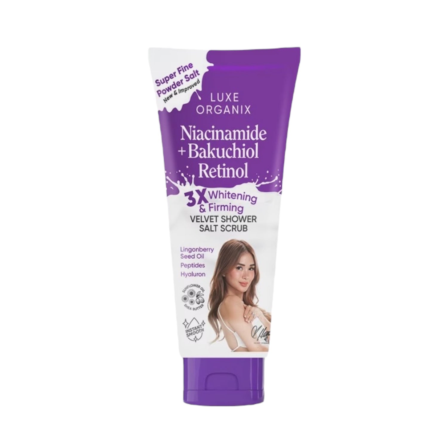 Luxe Organix Niacinamide + Bakuchiol Retinol Salt Scrub 320g for gentle exfoliation

