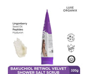 Luxe Organix Niacinamide + Bakuchiol Retinol Salt Scrub 320g revitalizes dull skin

