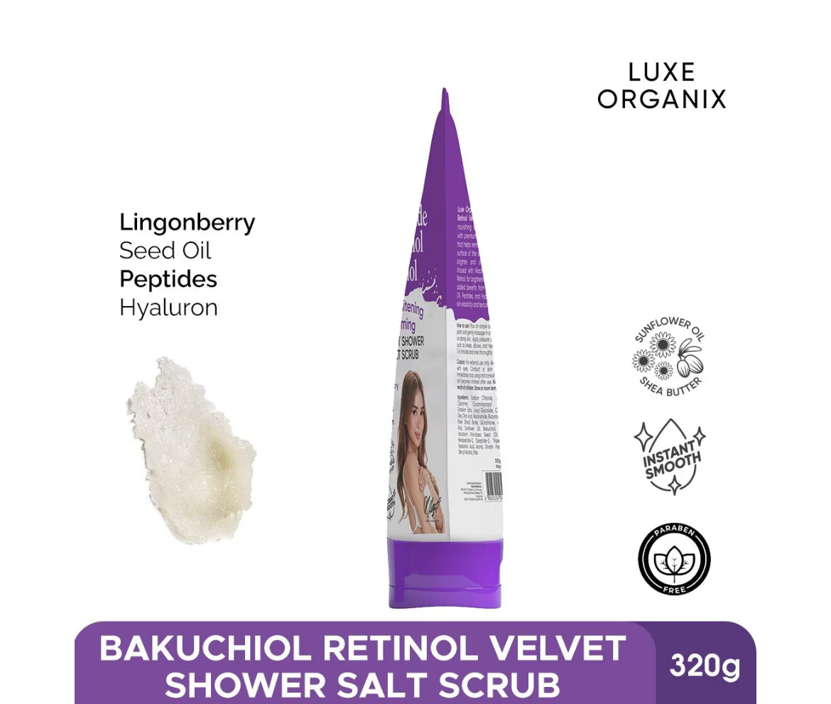 Luxe Organix Niacinamide + Bakuchiol Retinol Salt Scrub 320g revitalizes dull skin

