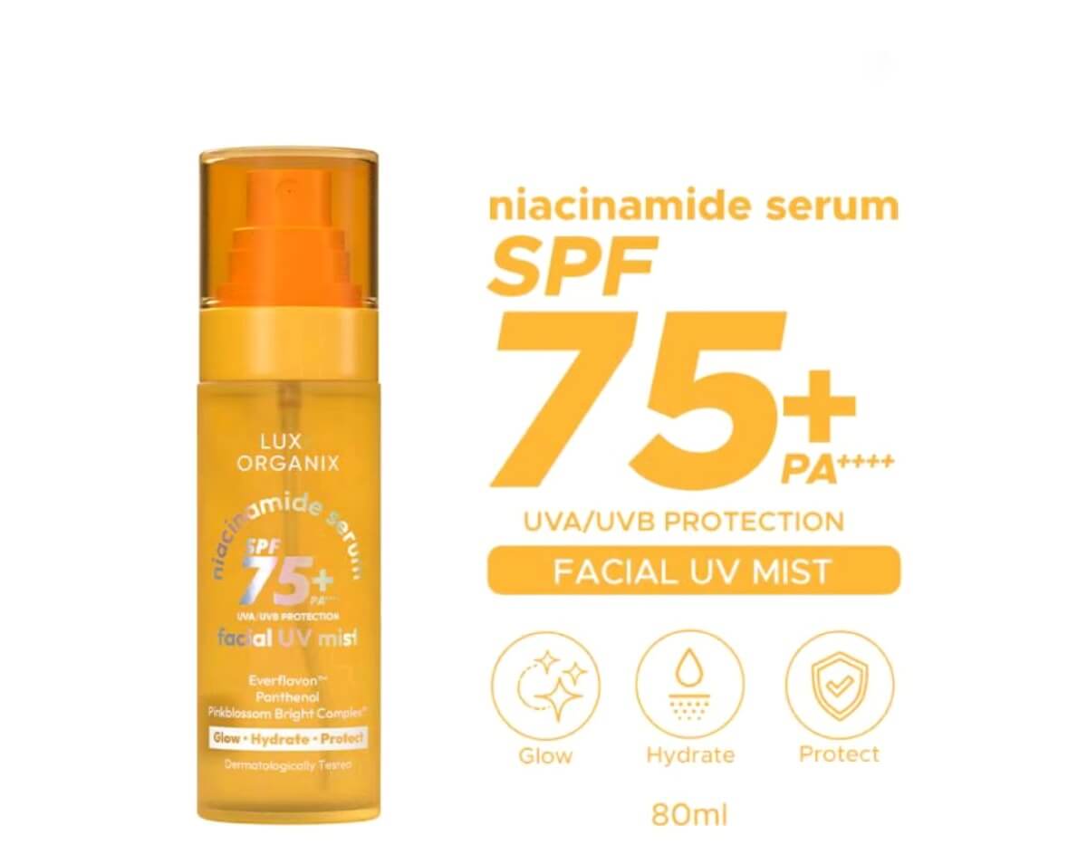 LUXE ORGANIX Niacinamide Serum SPF 75+ PA++++ hydrating facial UV mist spray