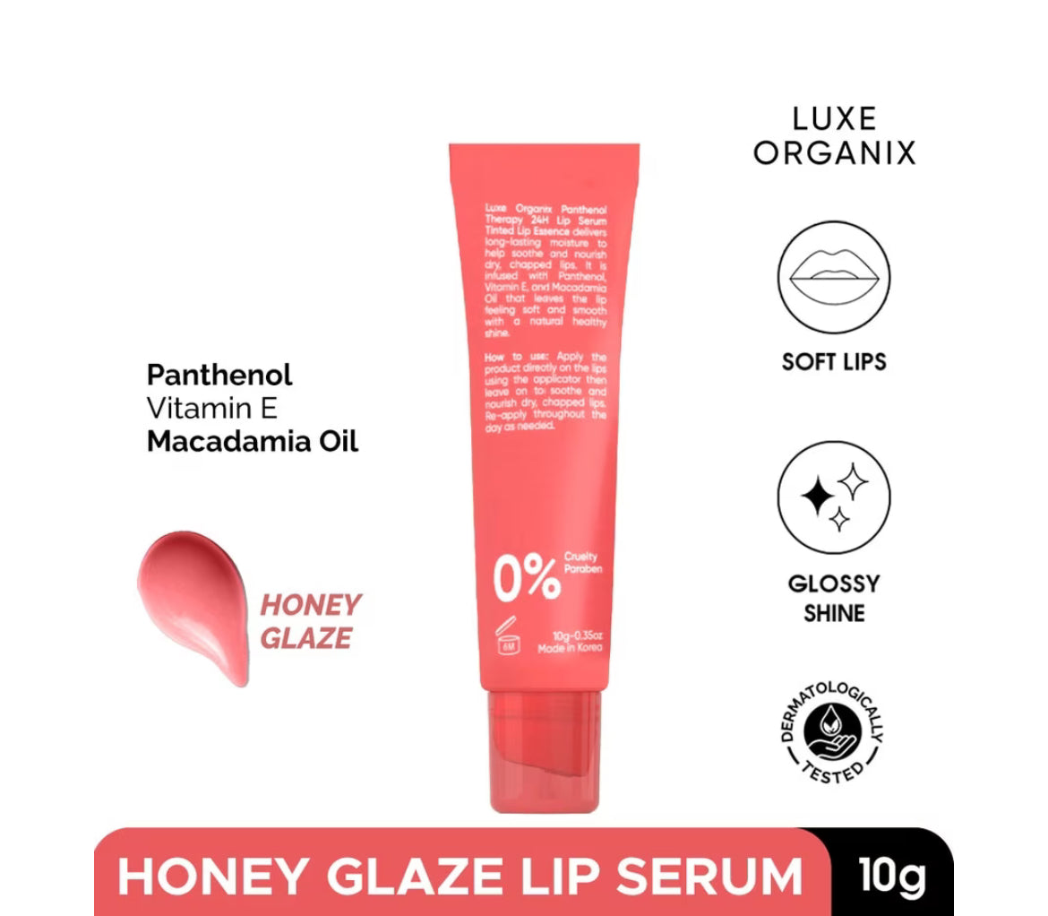 Luxe Organix Panthenol Therapy Lip Serum Honey Glaze with a smooth glide texture

