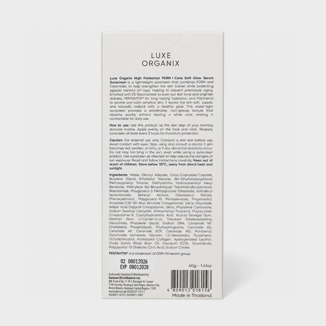 LUXE ORGANIX PDRN + Cera Soft Glow Serum Sunscreen SPF 50+ PA++++ 40g hydrating sunscreen that helps keep skin feeling soft, smooth, and comfortable.