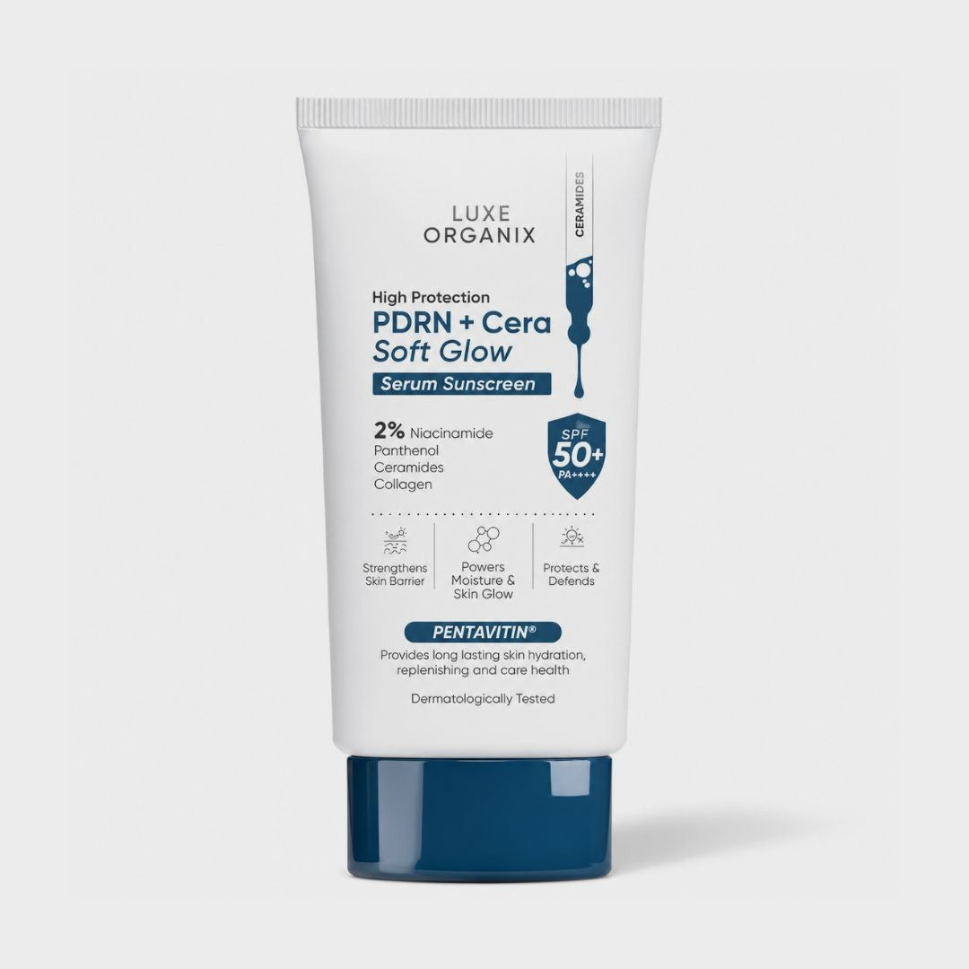 LUXE ORGANIX PDRN + Cera Soft Glow Serum Sunscreen SPF 50+ PA++++ 40g formulated with 2% Niacinamide, Panthenol, and Hydrolyzed Collagen for daily skin comfort.
