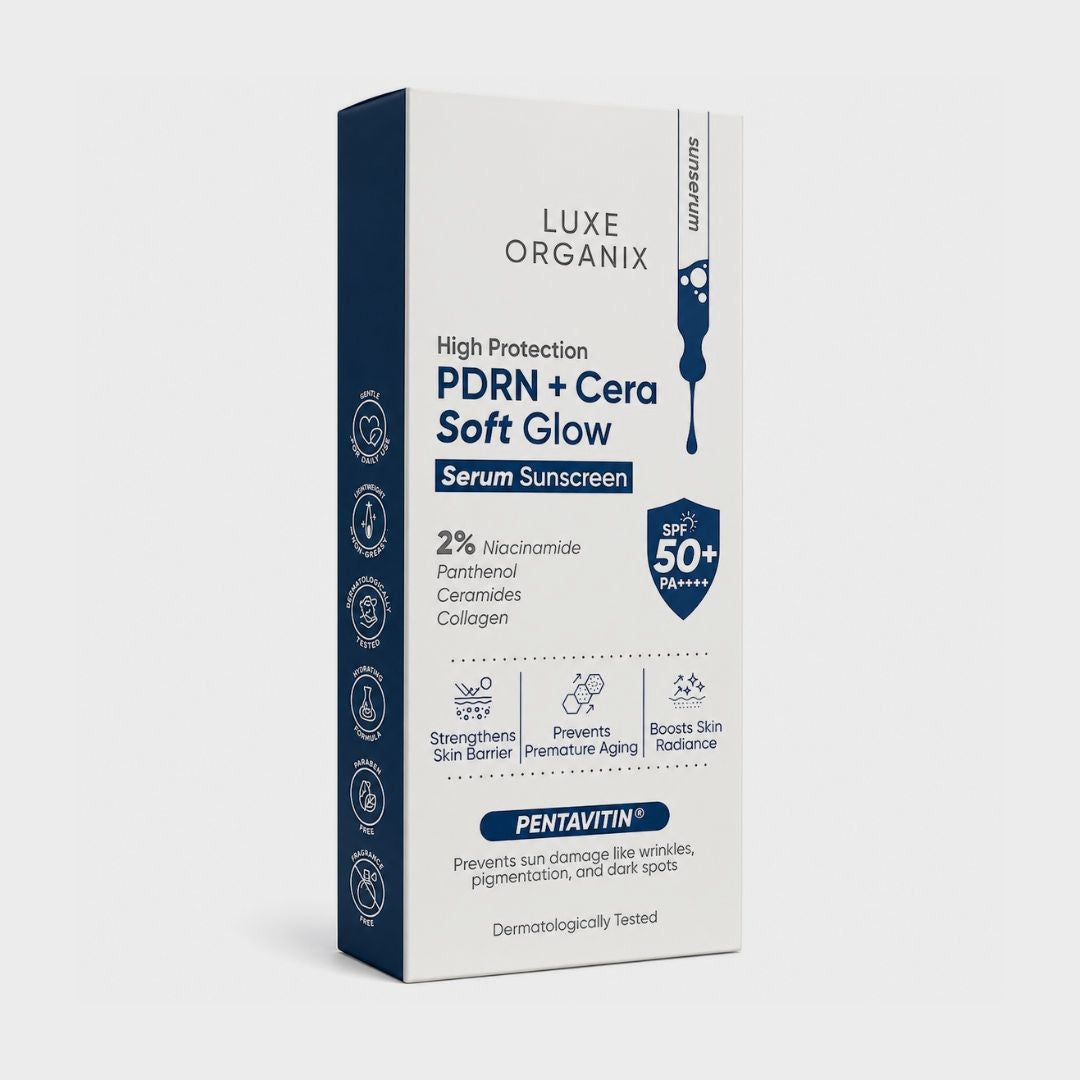 LUXE ORGANIX PDRN + Cera Soft Glow Serum Sunscreen SPF 50+ PA++++ 40g enriched with PDRN and a multi-ceramide complex to support the skin's moisture barrier.