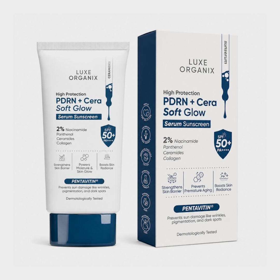 LUXE ORGANIX PDRN + Cera Soft Glow Serum Sunscreen SPF 50+ PA++++ 40g lightweight daily facial sunscreen with broad-spectrum UV protection and skincare-inspired ingredients.
