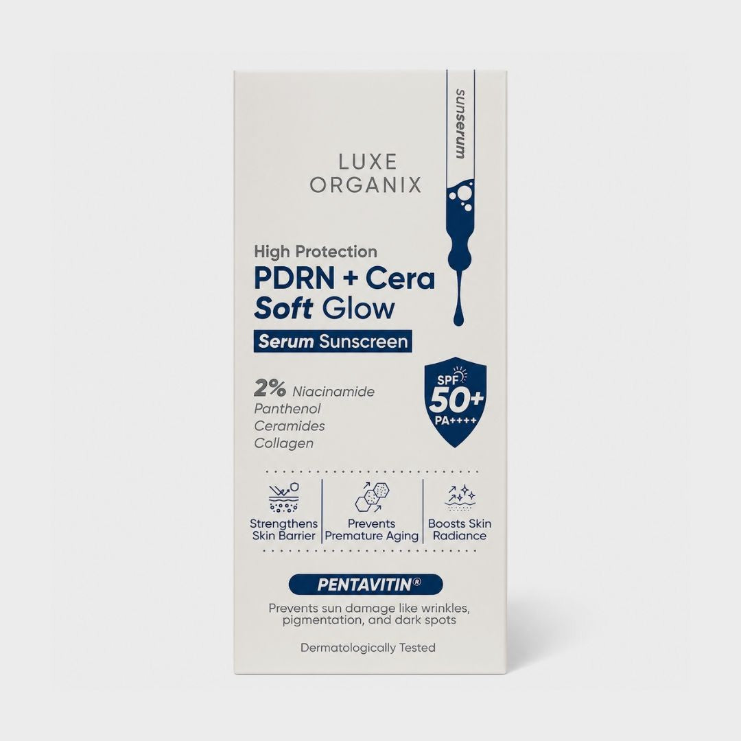 LUXE ORGANIX PDRN + Cera Soft Glow Serum Sunscreen SPF 50+ PA++++ 40g featuring a lightweight serum texture that absorbs quickly without a greasy finish.