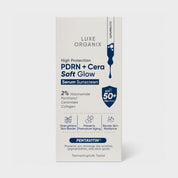 LUXE ORGANIX PDRN + Cera Soft Glow Serum Sunscreen SPF 50+ PA++++ 40g featuring a lightweight serum texture that absorbs quickly without a greasy finish.