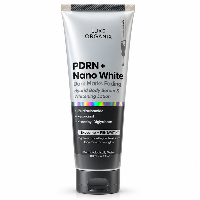 Luxe Organix PDRN + Nano White Hybrid Body Serum & Lotion 200ml combines daily moisturizing care with hydration support for soft skin.