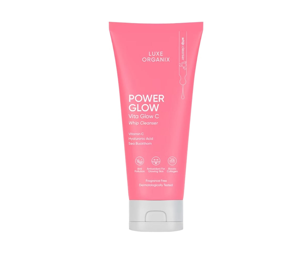 Luxe Organix Power Glow Vita Glow C Whip Cleanser 150g creates rich, foamy lather

