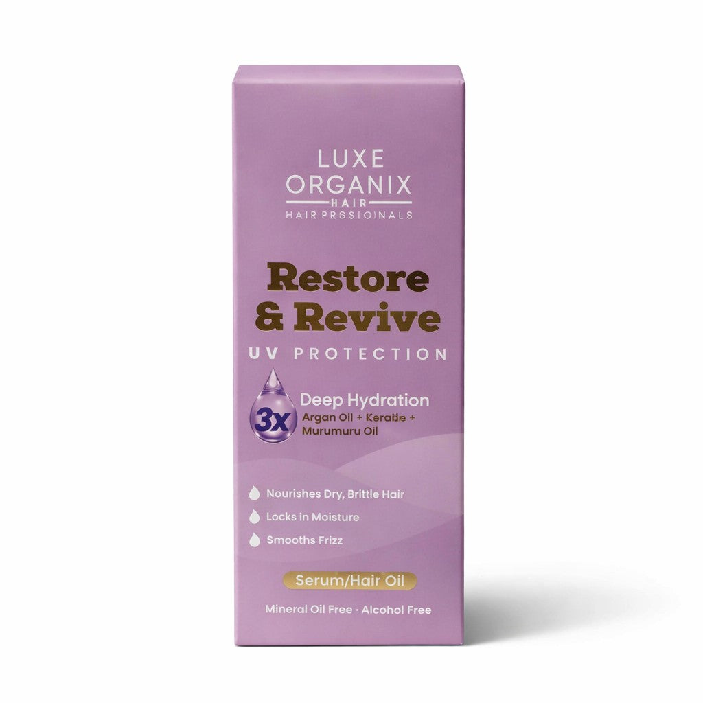 Luxe Organix Restore & Revive UV Protection serum hair oil with argan oil keratin and murumuru oil for deep hydration frizz control and moisture care