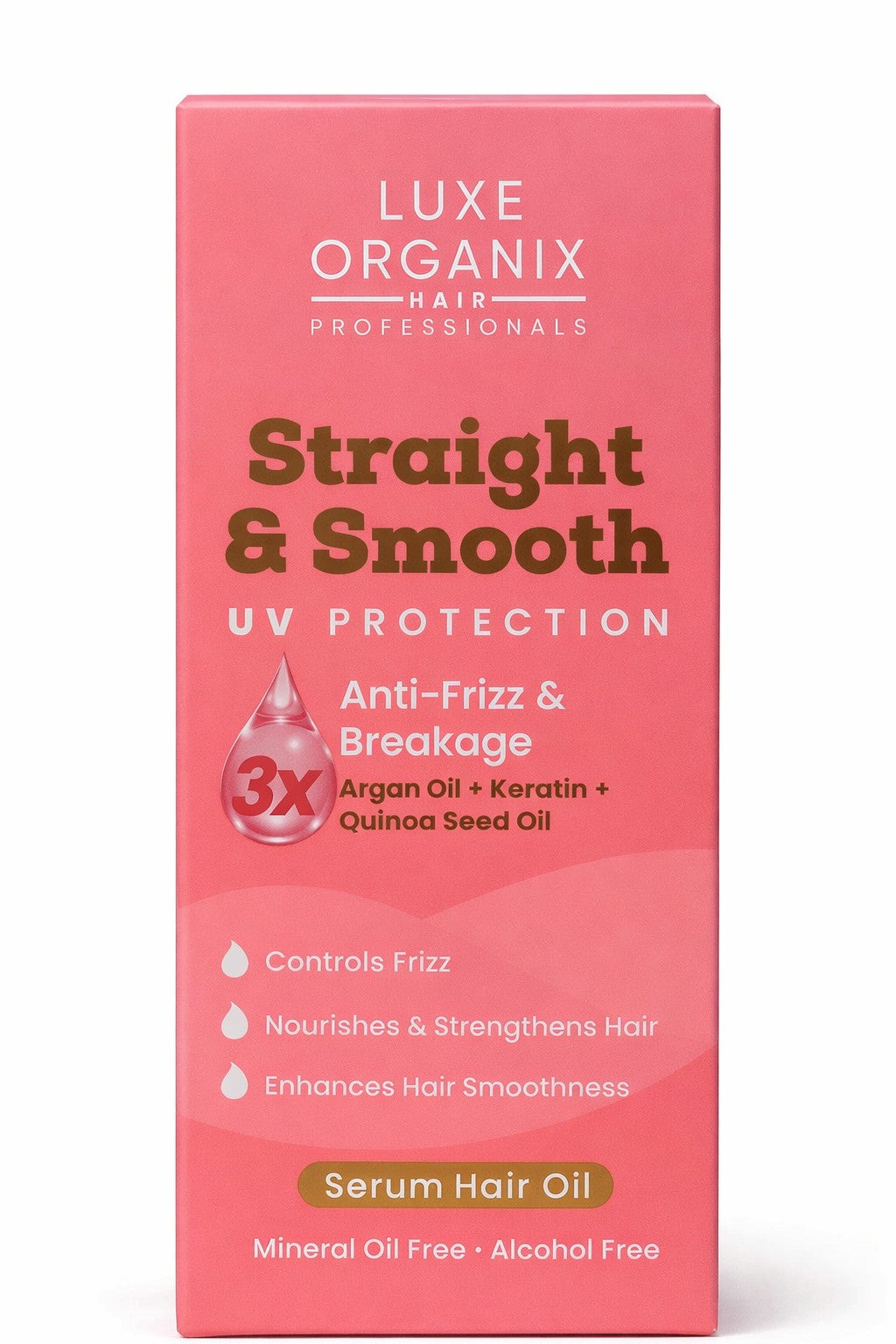Luxe Organix hair oil for smooth and straight hair with UV protection formula