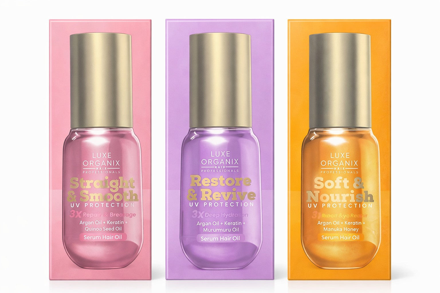 Luxe Organix Serum Hair Oil 60ml with UV protection and argan oil keratin formula