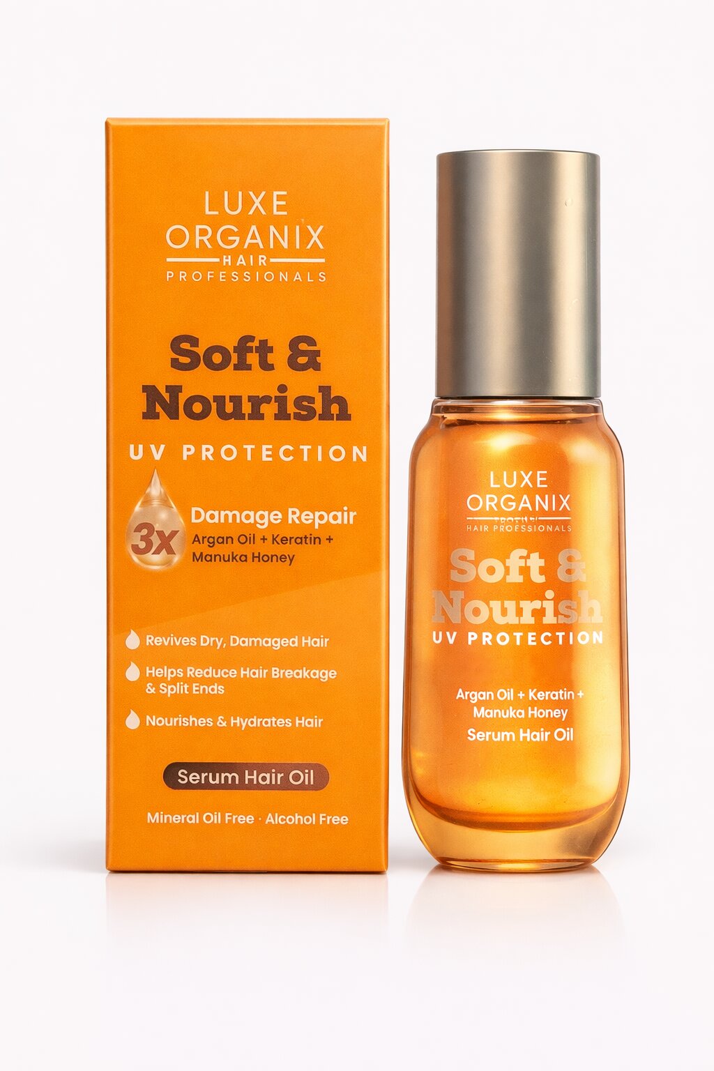 Luxe Organix Soft & Nourish UV Protection 3X Damage Repair Hair Oil 60ml with argan oil keratin and manuka honey lightweight hair serum
