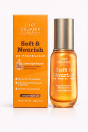 Luxe Organix Soft & Nourish UV Protection 3X Damage Repair Hair Oil 60ml with argan oil keratin and manuka honey lightweight hair serum