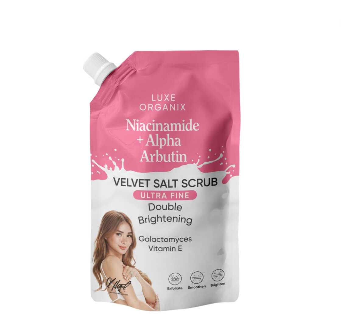 Luxe Organix Ultra Fine Niacinamide + Alpha Arbutin Velvet Salt Scrub exfoliating body care for smoother skin.