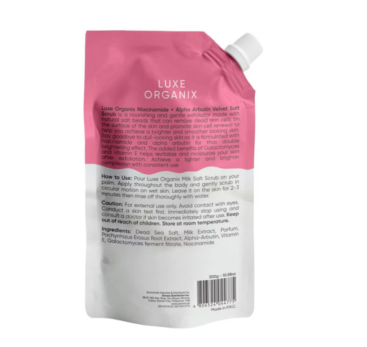Luxe Organix Ultra Fine Niacinamide + Alpha Arbutin Velvet Salt Scrub with soft skin formula and gentle exfoliation.