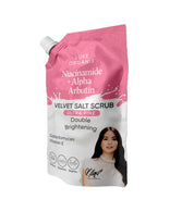 Luxe Organix Ultra Fine Niacinamide + Alpha Arbutin Velvet Salt Scrub provides a hydrating exfoliating experience.