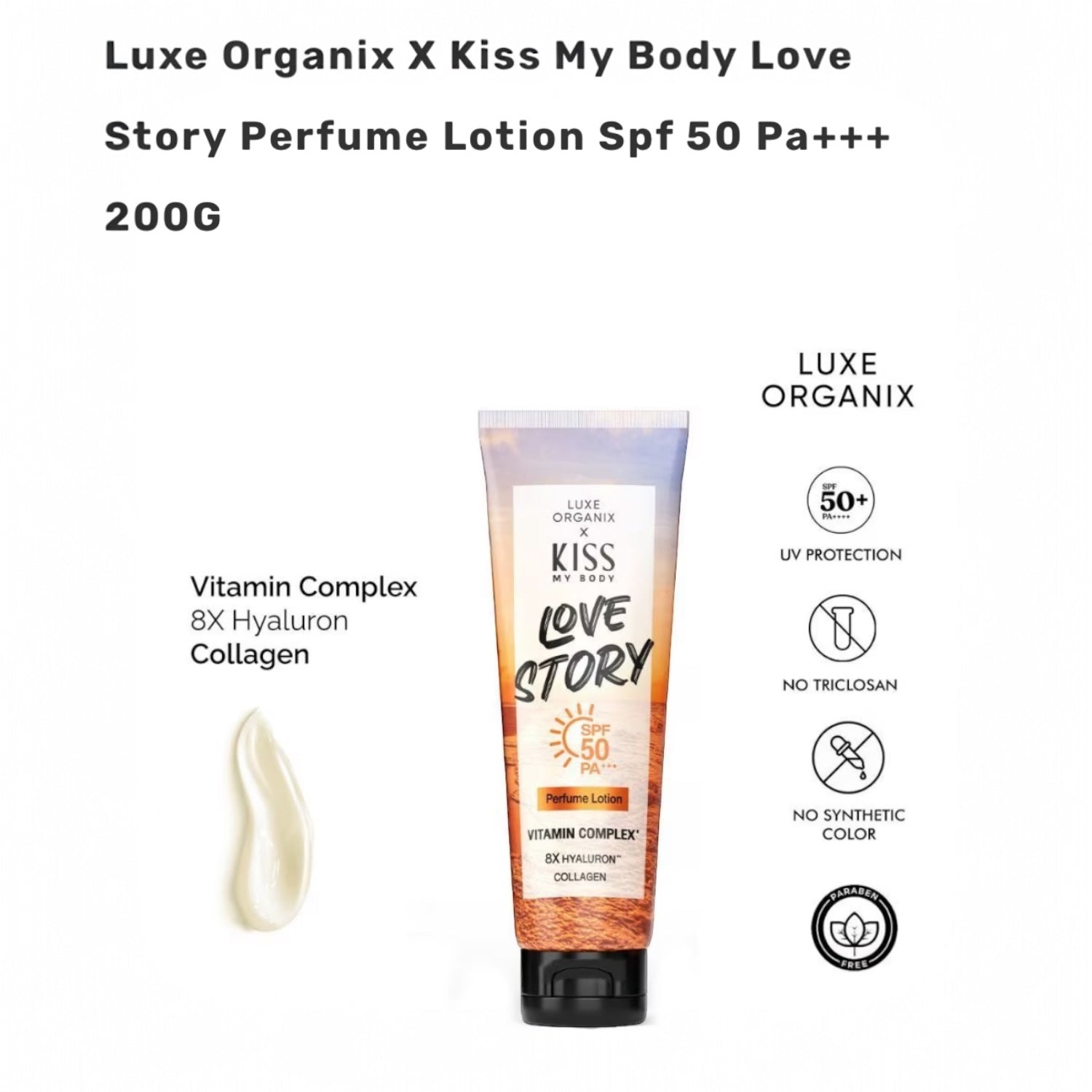 Luxe Organix X Kiss My Body LOVE STORY Perfume Lotion SPF 50 PA+++ 200g with a lasting romantic scent

