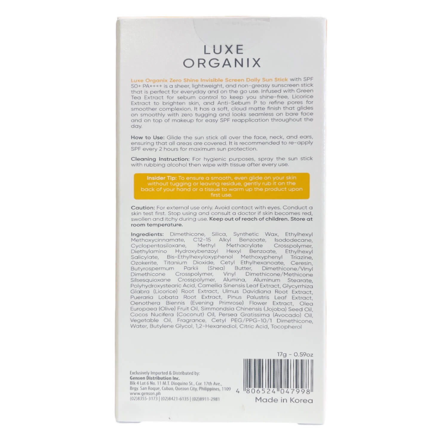 Luxe Organix ZERO Shine Invisible Daily Sun Stick leaves no white cast

