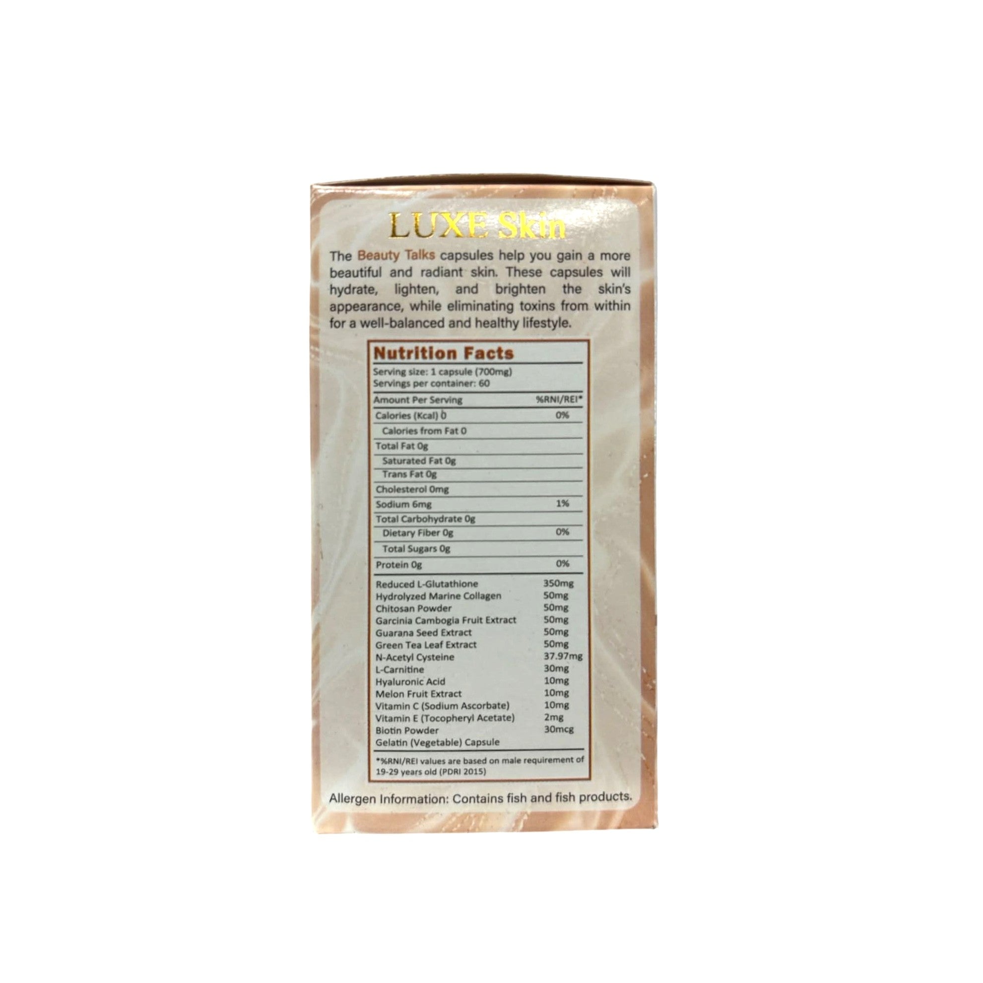 LUXE SKIN Beauty Talks Glutathione + Marine Collagen + Chitosan 700mg 60 Caps complete product overview with visible ingredient and nutrition details.