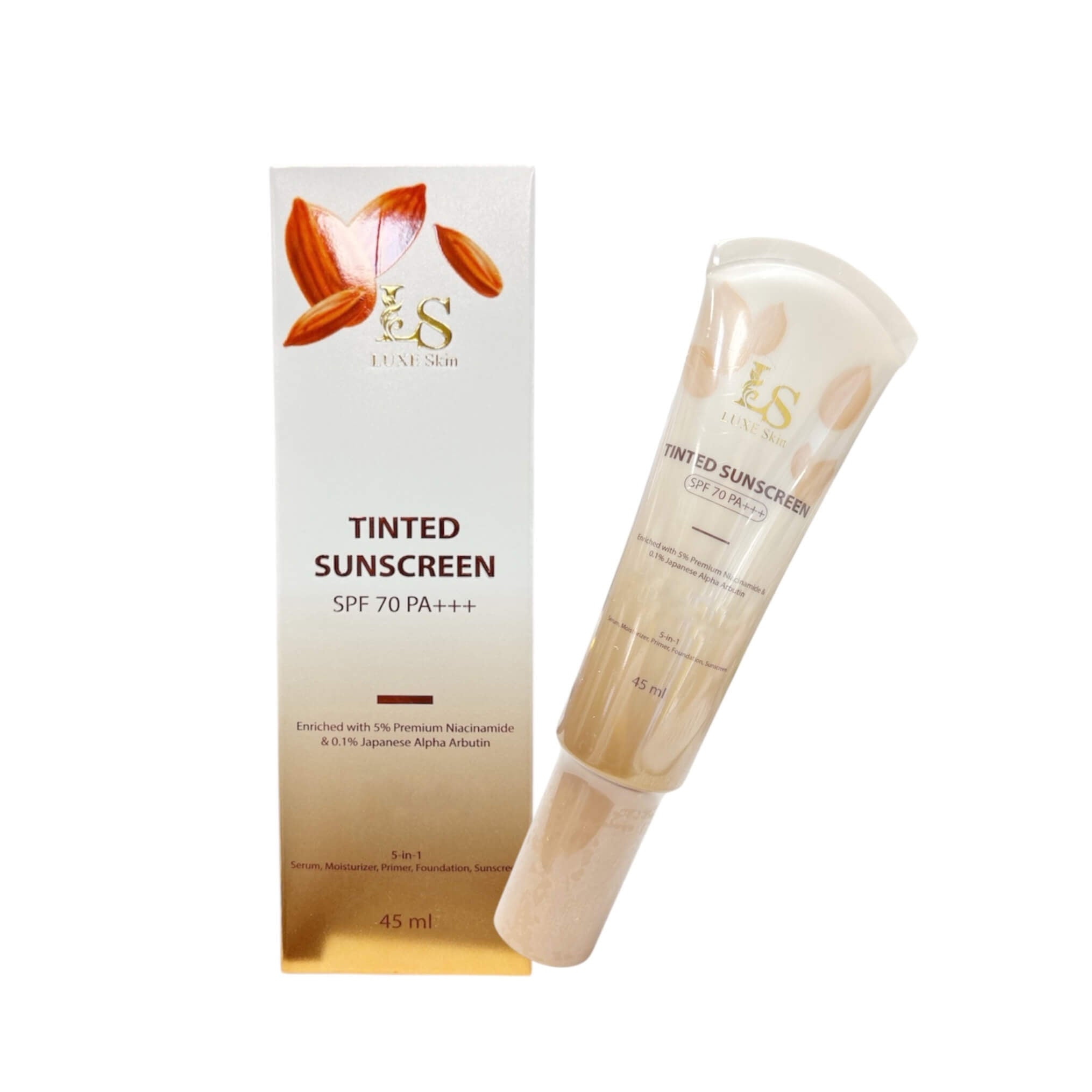 LUXE Skin Tinted Sunscreen SPF 70 PA+++ with Niacinamide & Alpha Arbutin, 5-in-1 Lightweight Daily Sunscreen, 45 mL