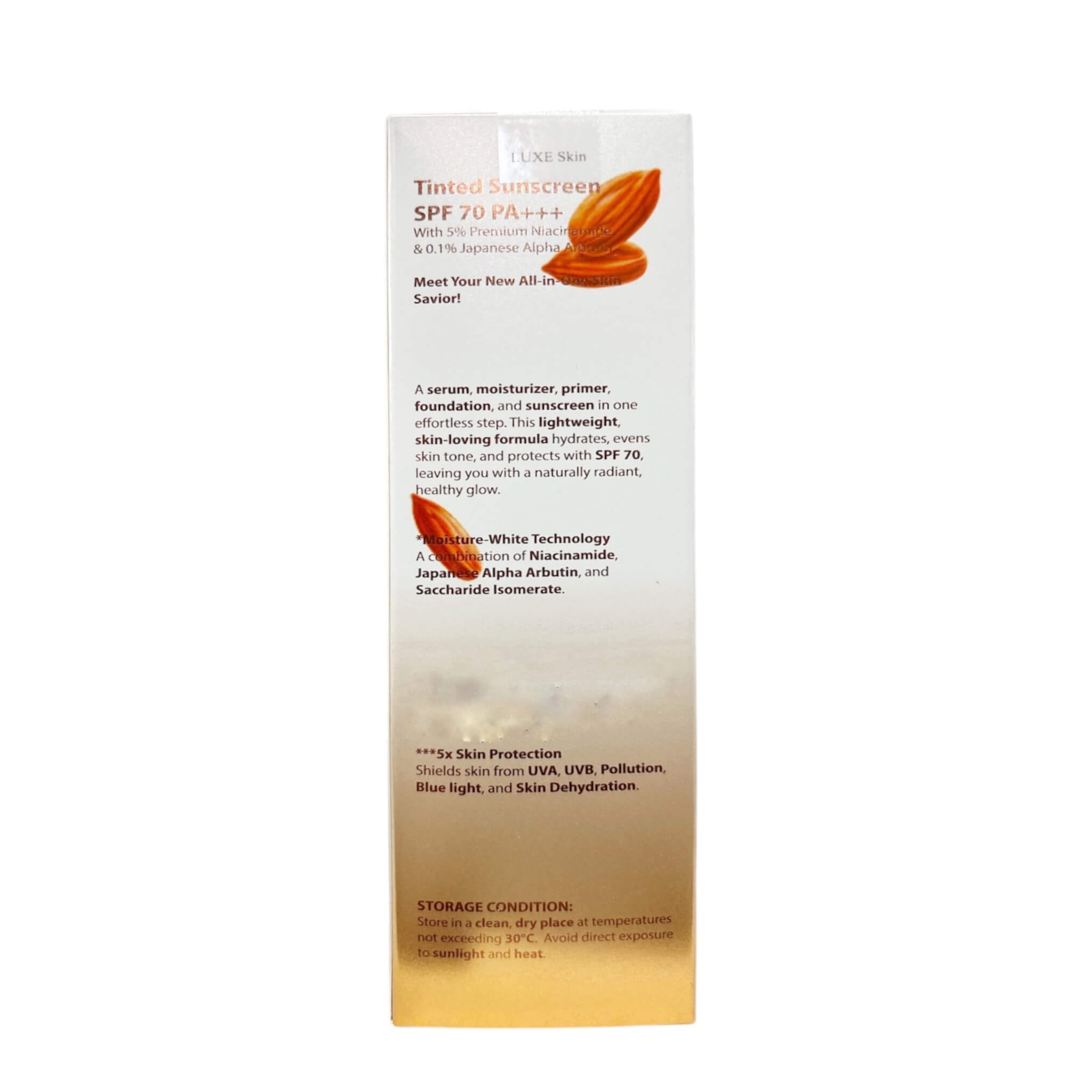 LUXE Skin Tinted Sunscreen SPF 70 PA+++ showing complete product details for daily skincare