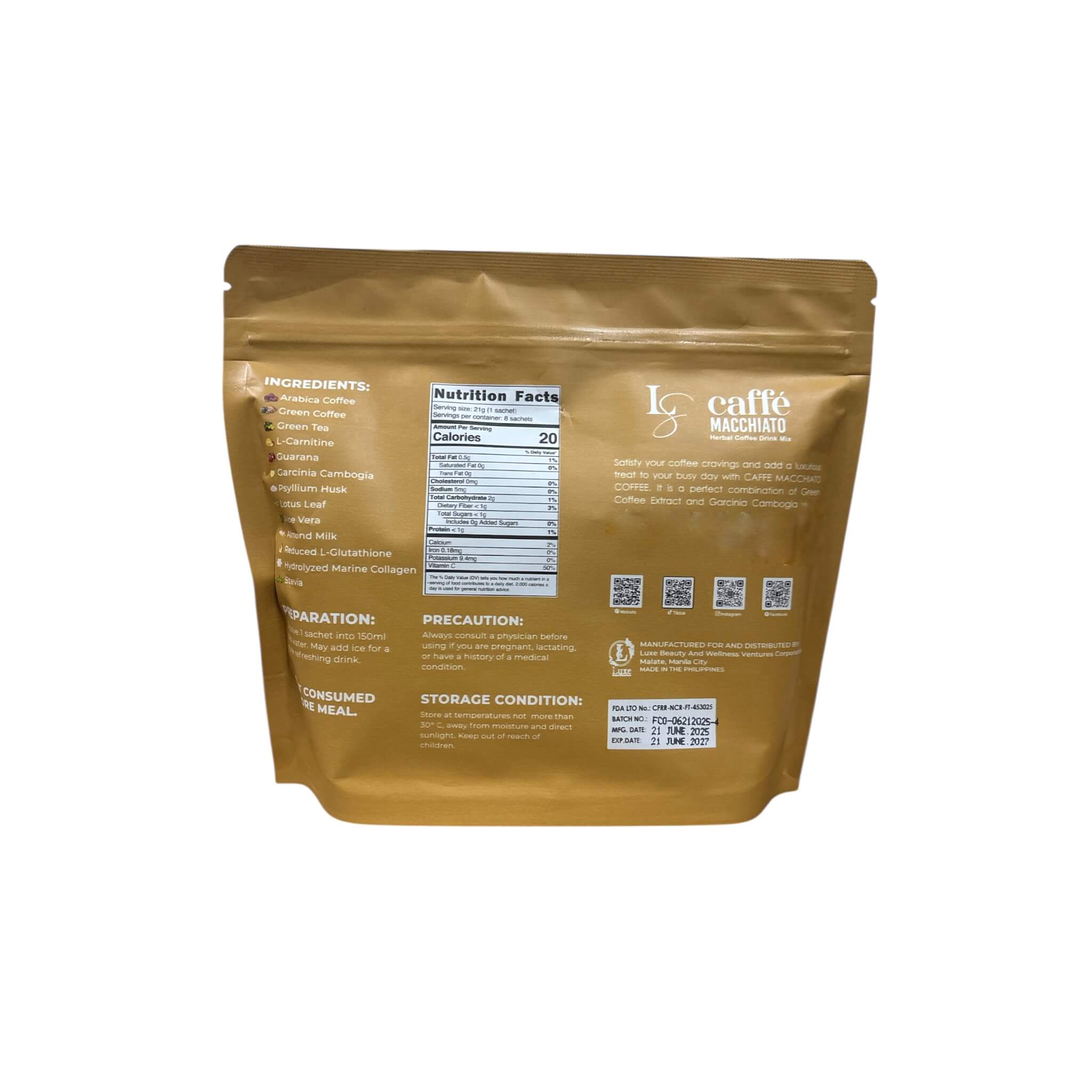 Luxe Slim Caffe MACCHIATO blend of coffee and skin-friendly ingredients