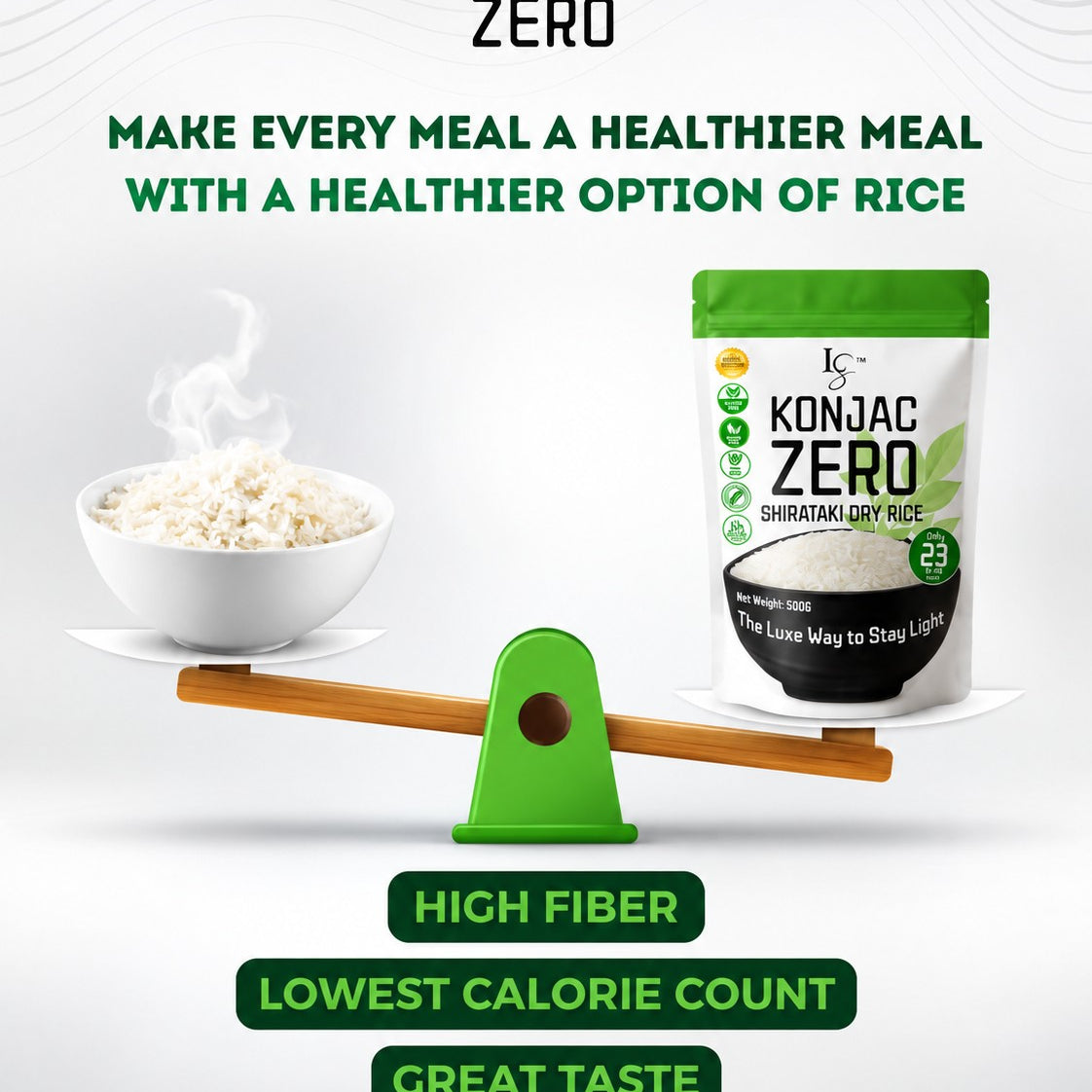 Luxe Slim Konjac Zero Shirataki Dry Rice 500g low-calorie rice option for simple and versatile meal preparation.