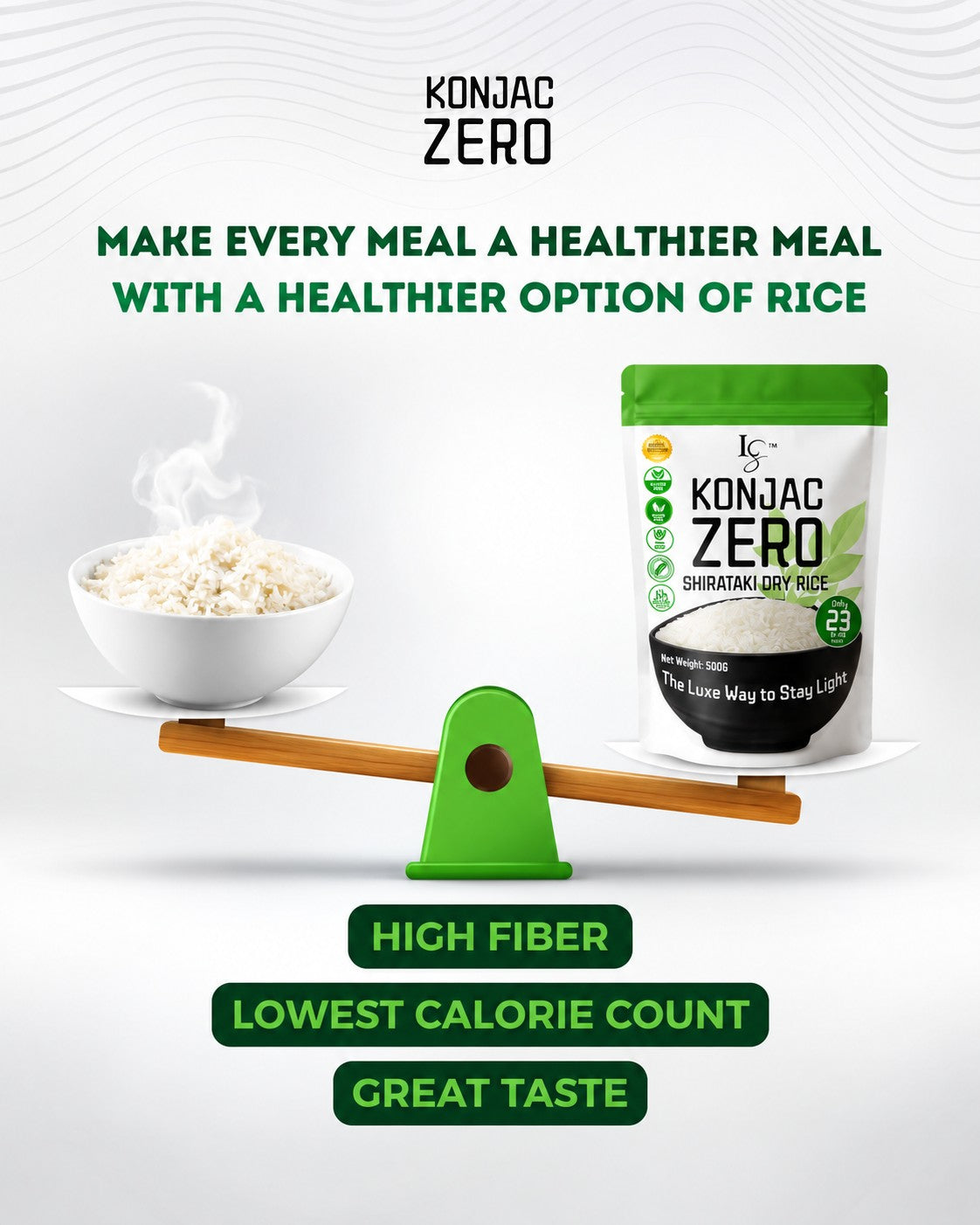 Luxe Slim Konjac Zero Shirataki Dry Rice 500g low-calorie rice option for simple and versatile meal preparation.