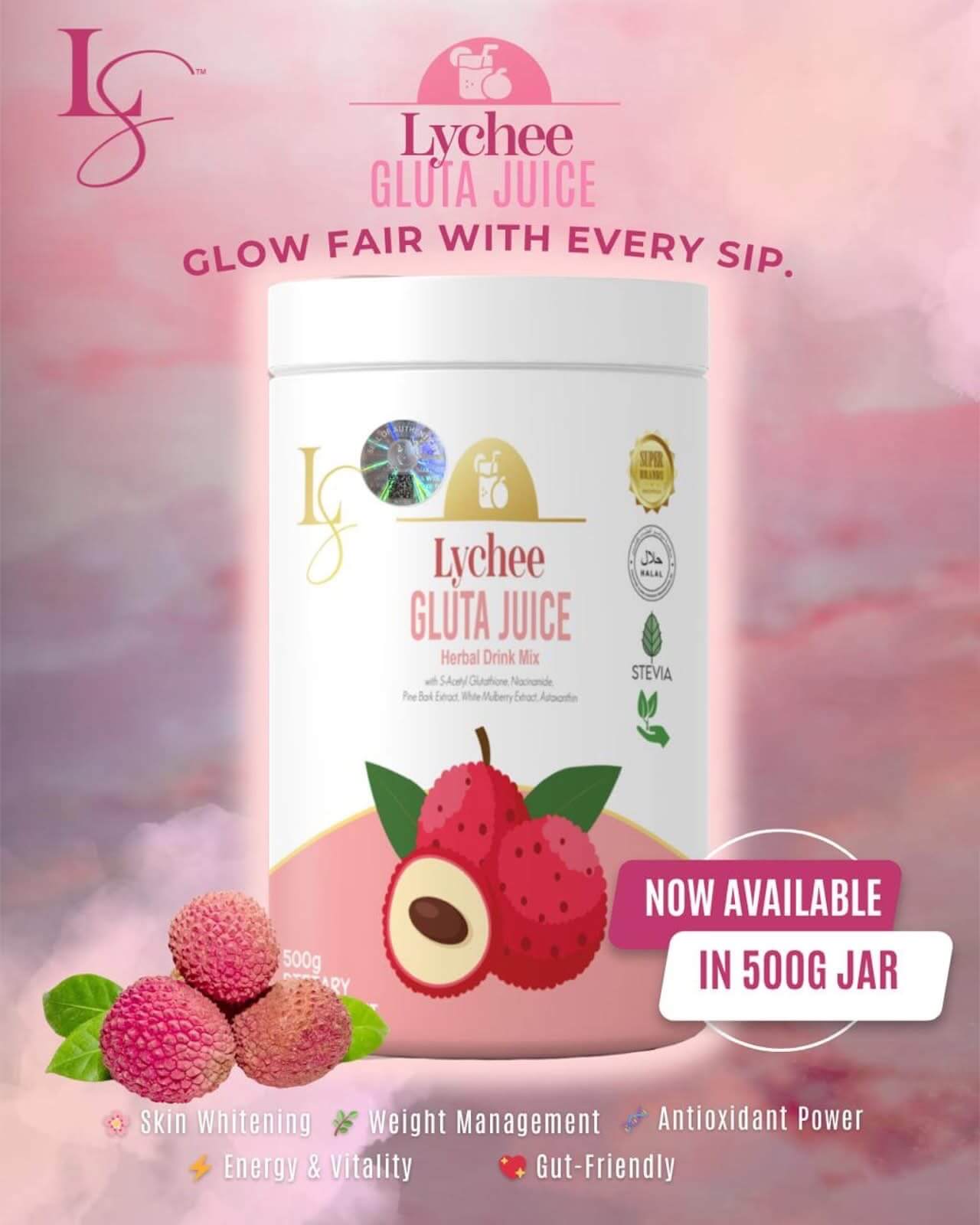Luxe Slim Half Kilo Lychee Gluta Juice 500g is formulated to support your vitamin needs.