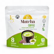 Luxe Slim Matcha Coffee herbal coffee drink mix with 8 convenient single-serve sachets.