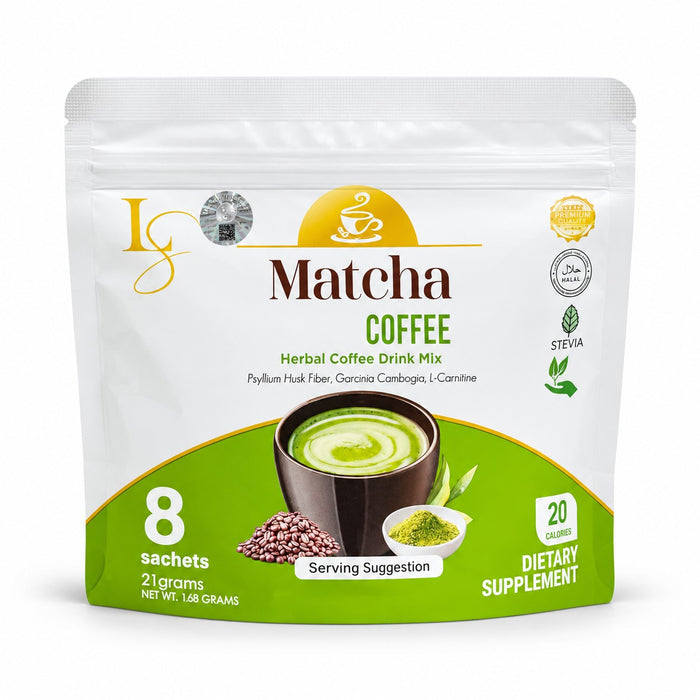 Luxe Slim Matcha Coffee herbal coffee drink mix with 8 convenient single-serve sachets.