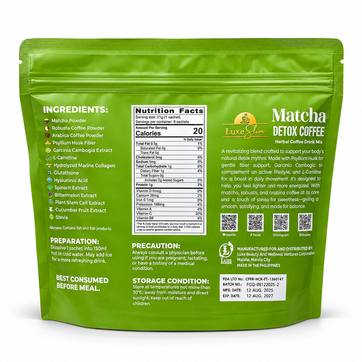 Luxe Slim Matcha Coffee combines matcha powder with a smooth coffee blend for everyday enjoyment.
