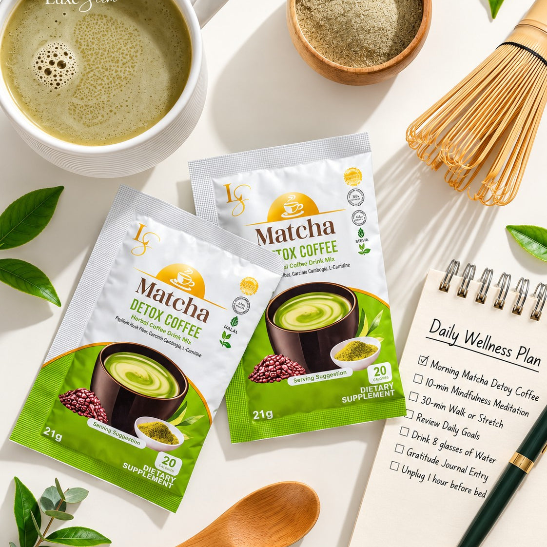 Luxe Slim Matcha Coffee blend made with matcha powder, Arabica coffee and Robusta coffee.