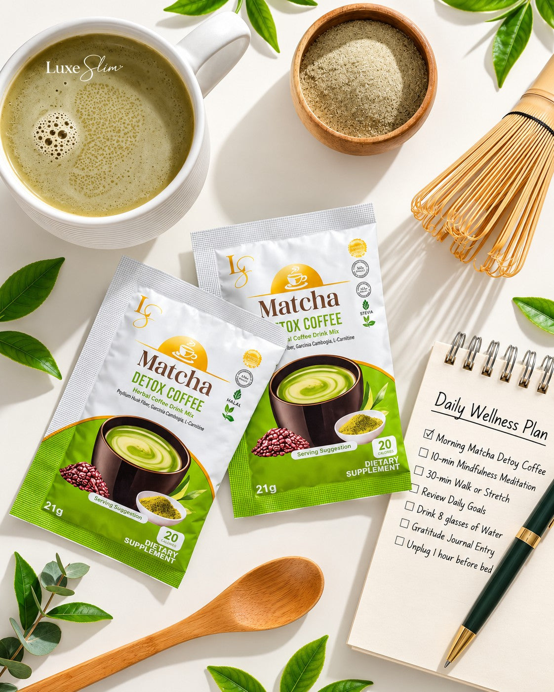 Luxe Slim Matcha Coffee blend made with matcha powder, Arabica coffee and Robusta coffee.