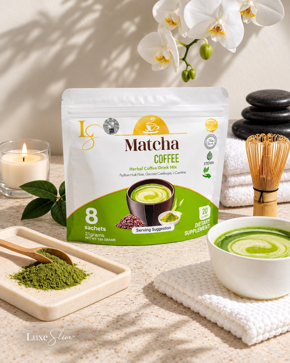Luxe Slim Matcha Coffee herbal drink mix formulated with psyllium husk fiber.