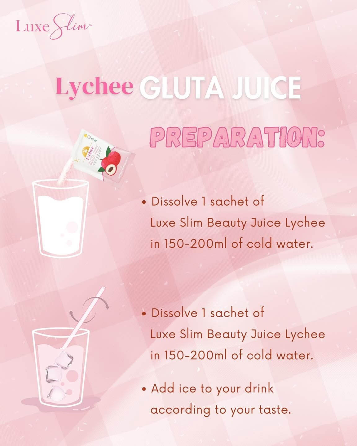 Luxe Slim Half Kilo Lychee Gluta Juice 500g helps support a natural glow from within.
