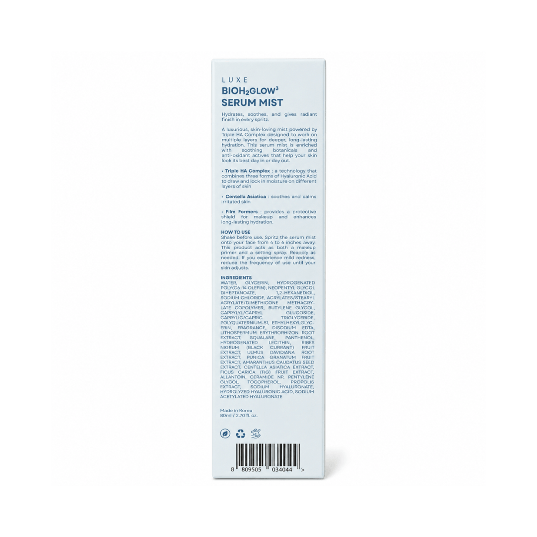 Luxelle BioHydra Serum Mist 80ml with Centella Asiatica for skin-conditioning and daily facial care