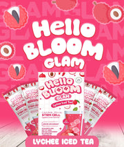 BLOOM GLAM iced tea drink with lychee flavor and stem cell blend