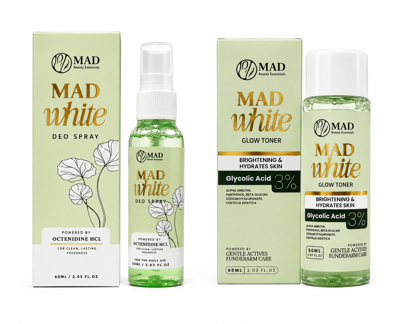 MAD Beauty Essentials Duo MAD White Glow Toner and Deo Spray complete underarm care set with lightweight daily formulas
