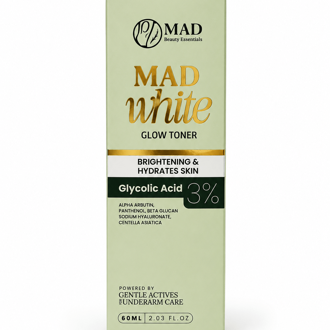 MAD Beauty Essentials MAD White Glow Toner with 3 percent glycolic acid for refreshing underarm care routine