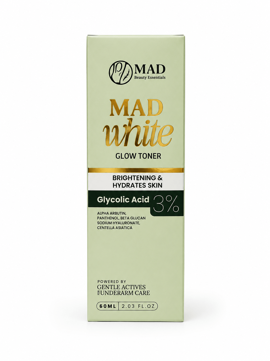 MAD Beauty Essentials MAD White Glow Toner with 3 percent glycolic acid for refreshing underarm care routine