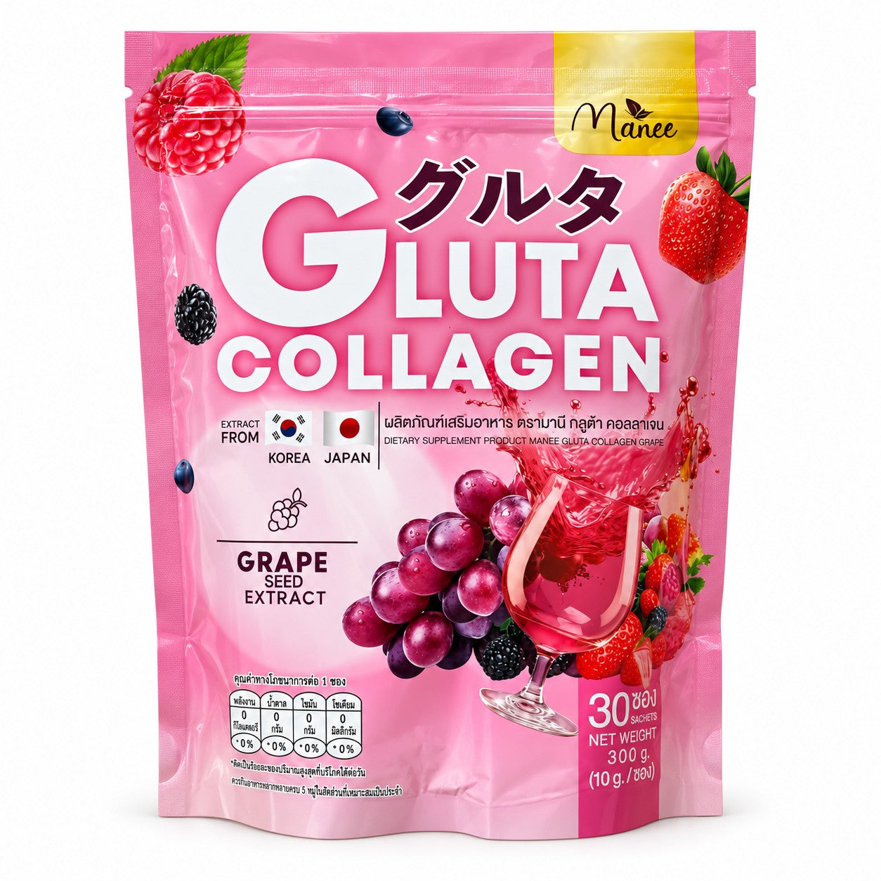 Manee Gluta Collagen with Grape Seed Extract 300g featuring fish collagen peptides, L-Glutathione, Vitamin C, and selected fruit extracts.