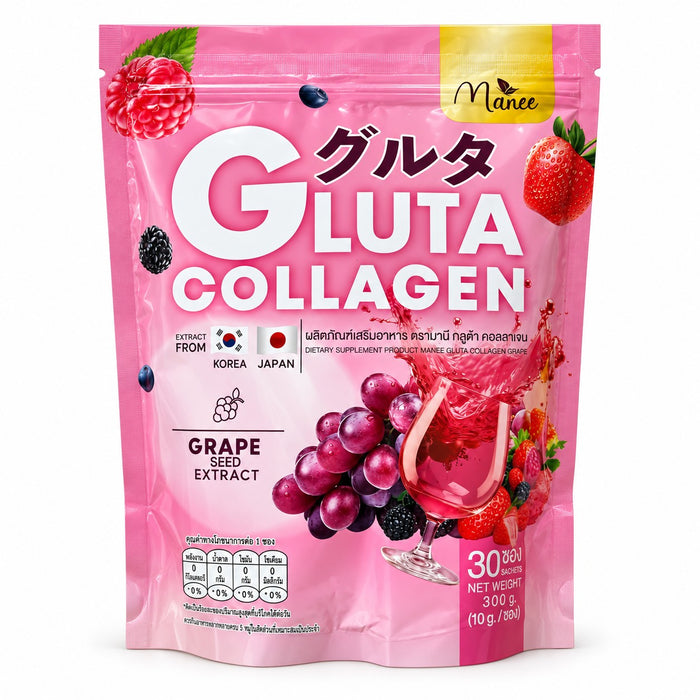 Manee Gluta Collagen with Grape Seed Extract 300g featuring fish collagen peptides, L-Glutathione, Vitamin C, and selected fruit extracts.