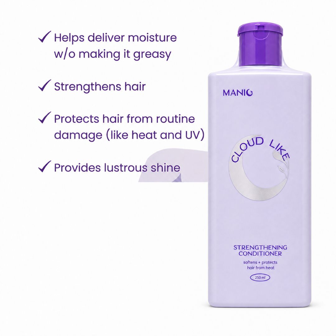 Manic Beauty Cloud Like Strengthening Conditioner with Avocado Oil and Sweet Almond Oil for lightweight nourishment.