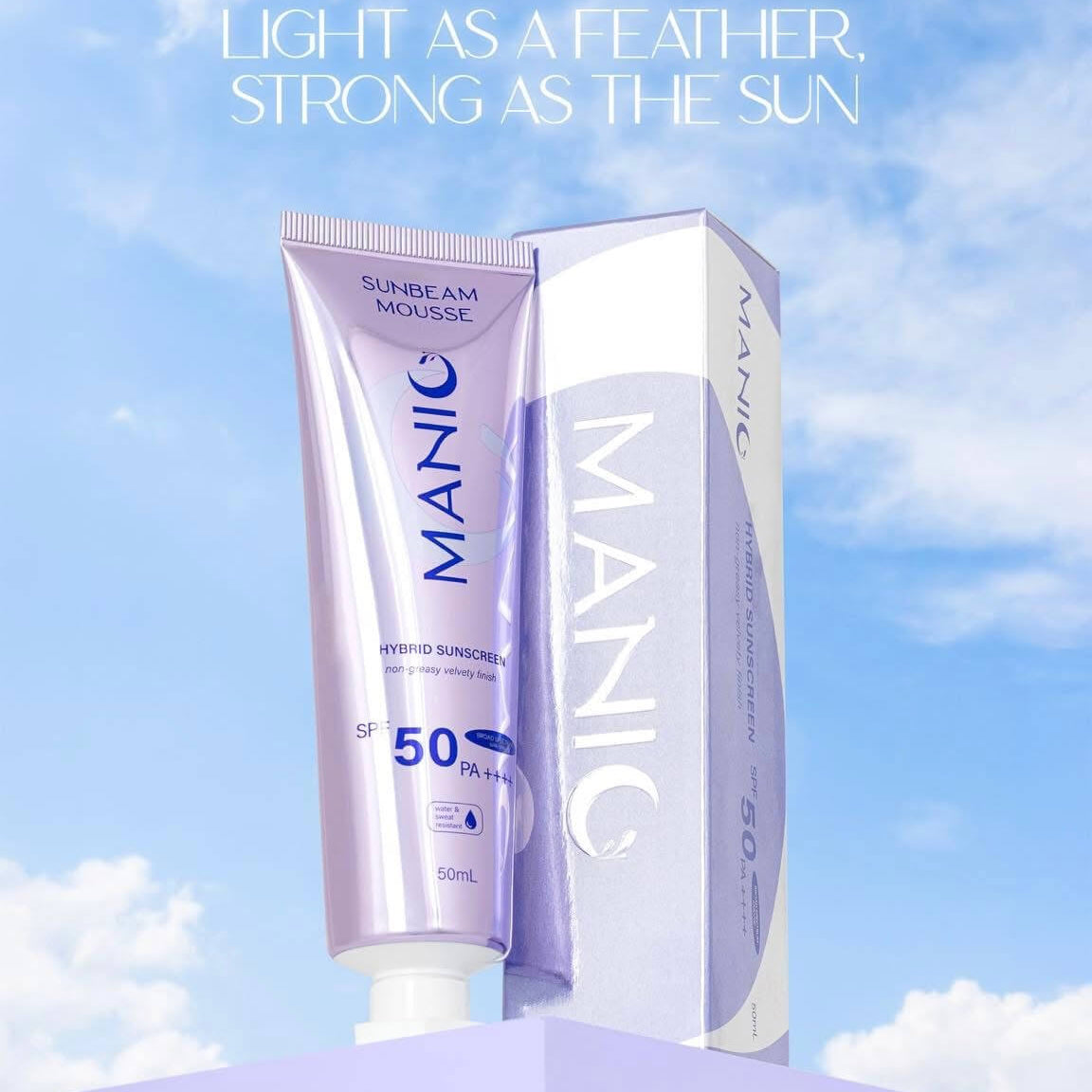 Manic Beauty SUNBEAM MOUSSE Hybrid Sunscreen SPF 50 PA++++ – Provides lightweight sun protection with a velvety finish.